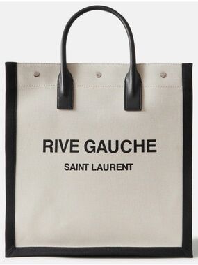 Saint Laurent YSL Rive Gauche White Black Canvas Logo Leather Tote Bag